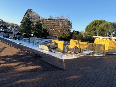 Finished IB 60-mil PVC white field and GAF Timberline HDZ R/S slope at Virginia's Gift Shop, Knott's Berry Farm